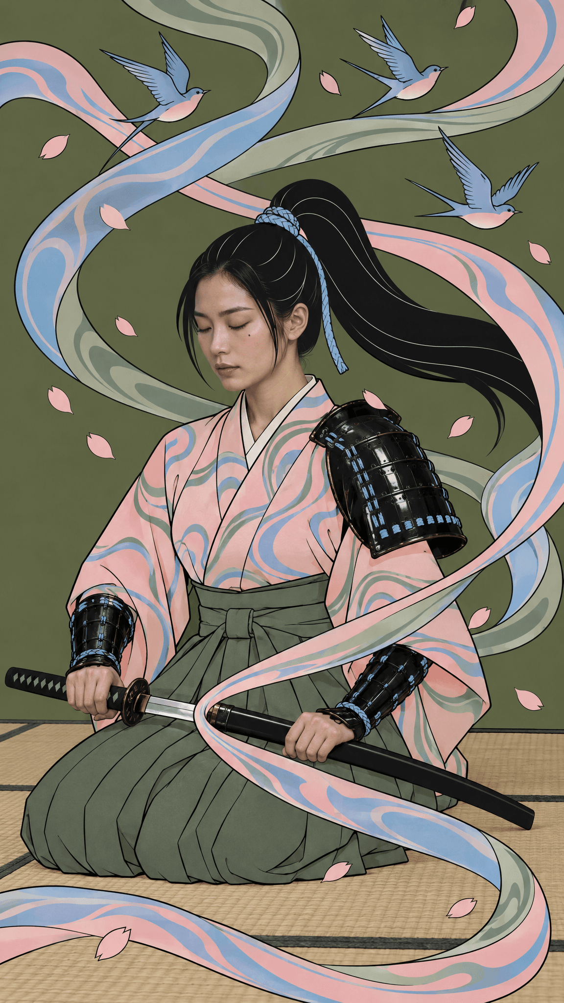 Flat Japanese illustration of a samurai with photographic face and lacquered armour, made with GPT Image 2.5