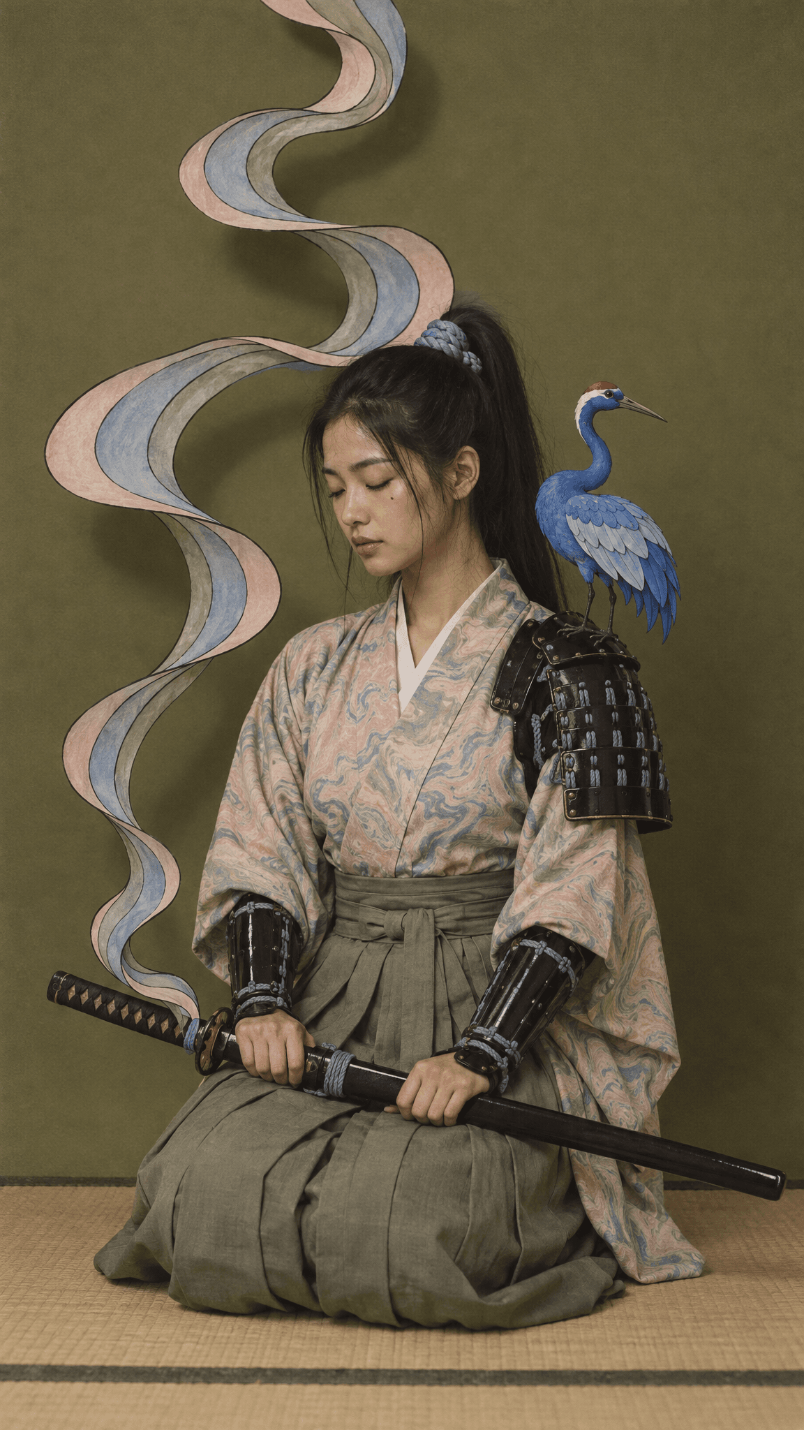 Vintage film photo of a kneeling woman samurai with an inked ribbon and a blue crane, made with GPT Image 2.5