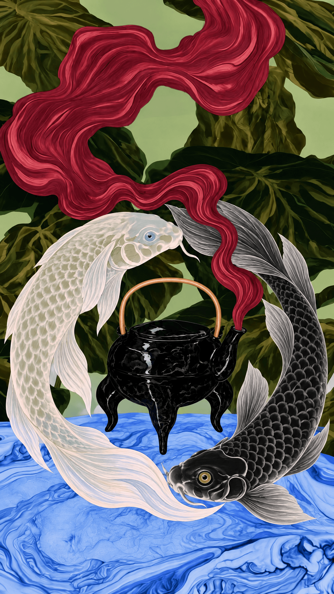 Painted yin-yang of a white and a black koi around an iron tea kettle, made with GPT Image 2.5