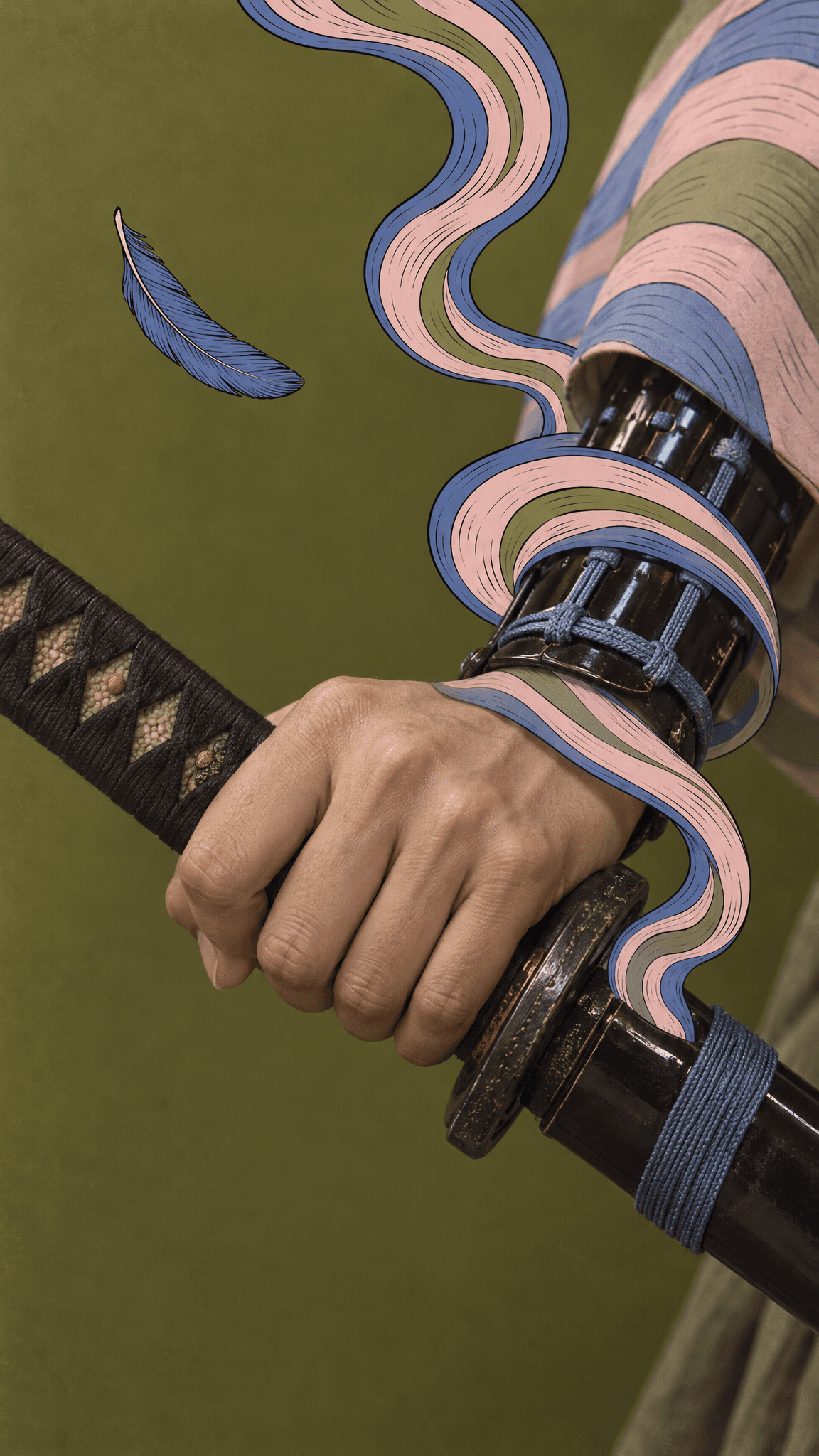 Close-up of a hand gripping a katana hilt with an inked ribbon, made with GPT Image 2.5