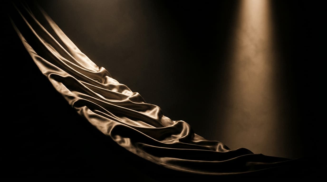 Dark luxury studio set with draped champagne silk and one warm beam of light, made with Nano Banana 2.1