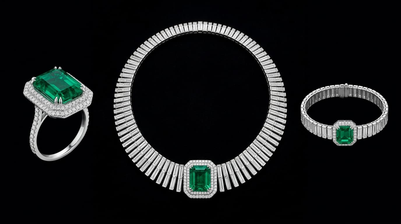 Emerald and diamond ring, collar necklace and bracelet on black velvet, made with Nano Banana 2.1